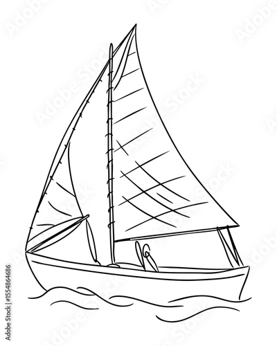 Sailing boat doodle in black and white line style with large sails floating on water. Symbolizes freedom, exploration, marine travel and peaceful ocean adventure