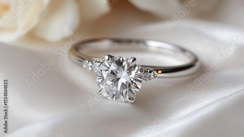 silver ring with diamond on white background