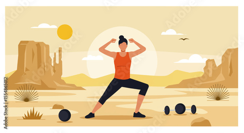 An energetic woman engages in a healthy outdoor exercise routine amidst a scenic desert environment, rendered in a modern flat illustration style.