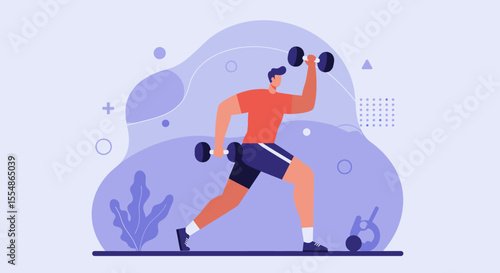A vibrant illustration depicts a man in active exercise, performing a dumbbell workout with a modern flat design, perfect for marketing materials and fitness presentations.