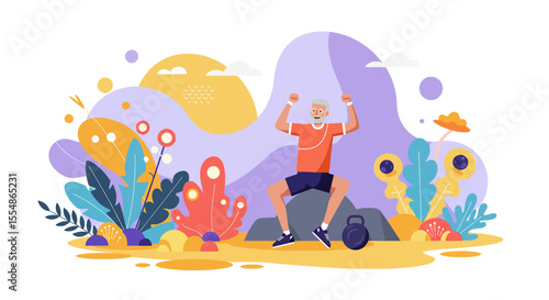 A senior man engages in an energetic jumping jack workout in a vibrant outdoor setting, perfect for a health and wellness landing page or marketing banner.