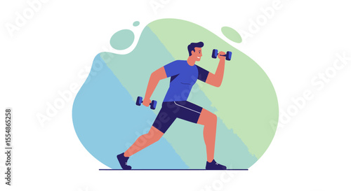 A fit man in a blue shirt performs a lunge while lifting dumbbells, depicted in a modern flat design illustration suitable for web graphics and health promotion.