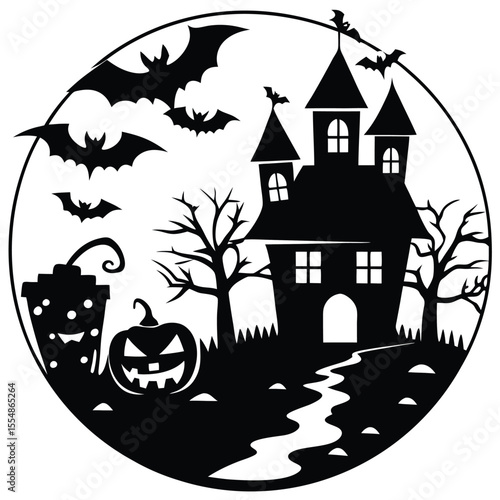 Spooky Halloween Silhouette Haunted House, Bats, and Jack-o'-Lantern