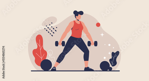 Flat design illustration of a woman doing lunges with dumbbells, perfect for fitness websites, marketing materials, presentations, and social media banners.