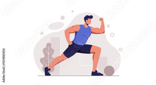 Fit man in sportswear performing lunges and flexing bicep, representing fitness and active lifestyle in flat design.