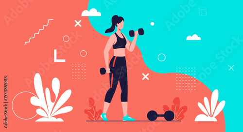 A fit woman performs a dumbbell workout in a modern, flat design illustration suitable for a fitness-related landing page or marketing banner, promoting health and wellness.