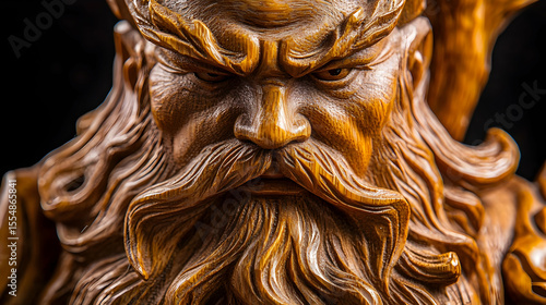 Close-up of a detailed wooden carving of a fierce, ancient warrior, with intricate details on face and beard.  Intense gaze