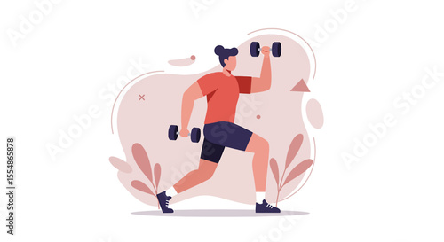 Flat design illustration of a person doing lunges with dumbbells, perfect for fitness websites, marketing materials, presentations, and social media banners.