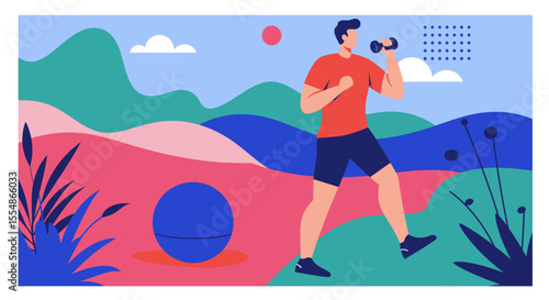 A vibrant flat illustration depicts a man exercising with dumbbells outdoors against a backdrop of stylized hills, plants, and abstract shapes, suitable for a fitness landing page.