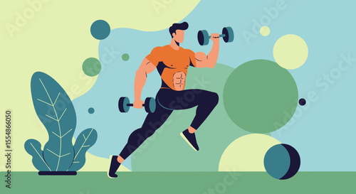 Fit man with dumbbells exercising in a dynamic flat design illustration for fitness marketing and web presentation.