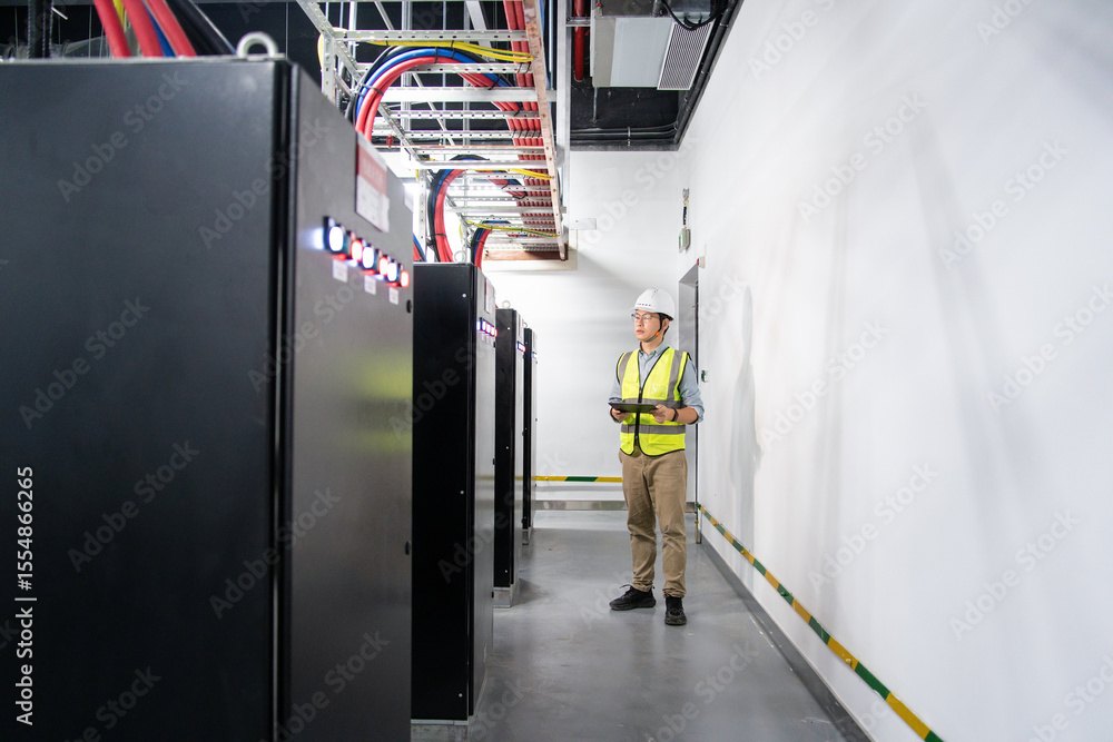 Fototapeta premium asian technician performs maintenance on backup power system battery
