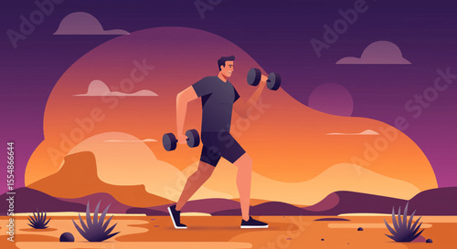 A muscular man is engaged in a fitness routine, lifting dumbbells against a vibrant desert backdrop, perfect for a landing page promoting health and wellness programs.