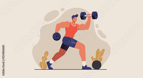 Muscular man exercising with dumbbells, flat design illustration, perfect for fitness websites, landing pages, marketing banners, and presentations.