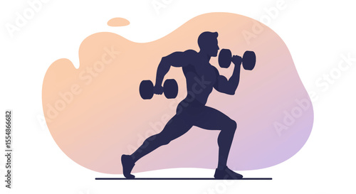 A dynamic illustration showcases a silhouette of a man exercising with dumbbells, set against a soft gradient background, perfect for fitness and wellness marketing materials.