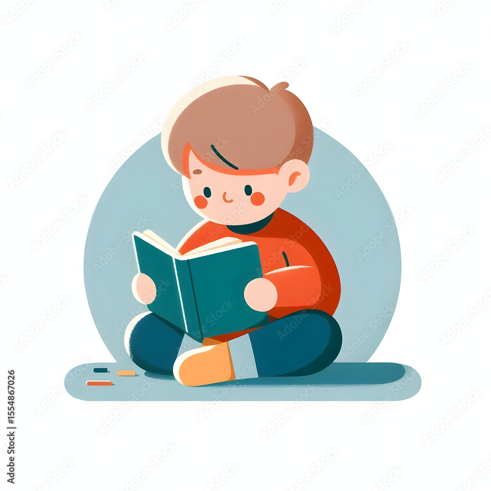 Boy cartoon character reading a book with a smile, studying in school Boy cartoon character reading a book with a smile, studying in school