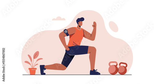 Man performing a lunge exercise with dumbbells and plant in a modern flat design for fitness marketing.