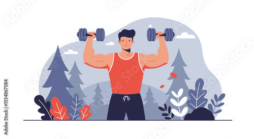 Fit man with dumbbells exercising outdoors in a stylized forest, representing health and fitness for web design.