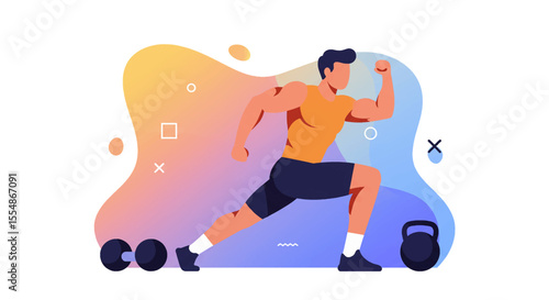 Muscular man in sportswear lunging dynamically, flat design illustration ideal for fitness websites, marketing banners, and presentation slides, showcasing health and strength.