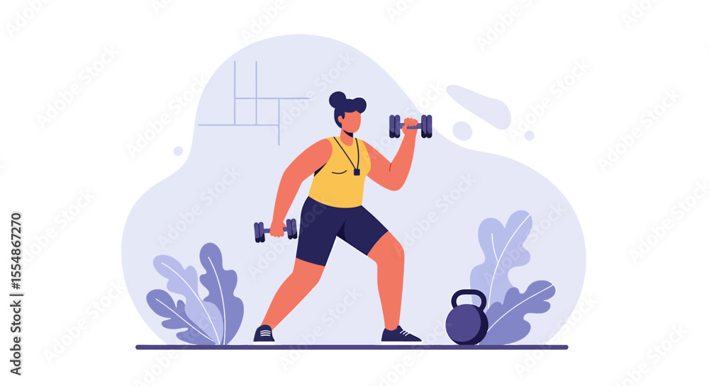 Fototapeta premium A dynamic illustration showcases a fitness trainer demonstrating dumbbell exercises, emphasizing workout routines and healthy lifestyle choices in a modern flat design style, ideal for marketing