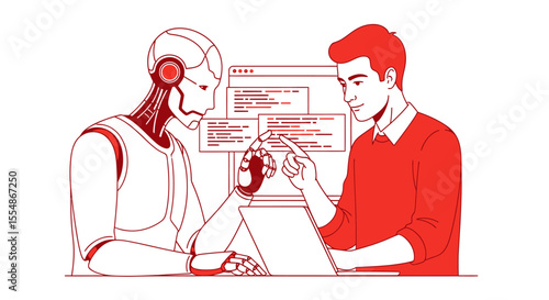 A human and a robot collaborating, examining code on a laptop screen.