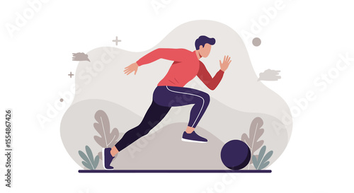 A dynamic flat design illustration depicts a man actively running, symbolizing fitness, health, and a healthy lifestyle, ideal for modern web design banners.
