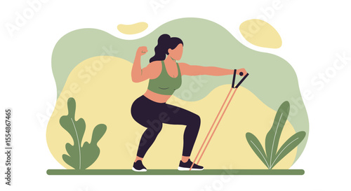Woman exercising with resistance band, performing squats and upper body workout, flat design illustration for fitness and health.