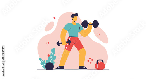 A man in a vibrant flat design illustration actively lifts dumbbells, symbolizing fitness, health, and a strong, active lifestyle concept.