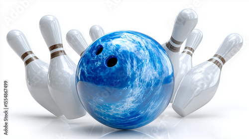 Bowling strike concept. Blue Bowling Ball hits bowling pins. Transparent background -