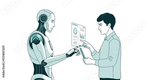 A stylized illustration of an android robot and a human, exchanging data visualizations.