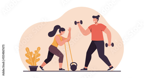 Fitness class banner: Flat design illustration of a personal trainer assisting a woman with strength training exercises using dumbbells and resistance bands, ideal for landing page, marketing, or