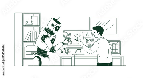 A robot and a human collaborate on a design project at a desk in a home office setting.