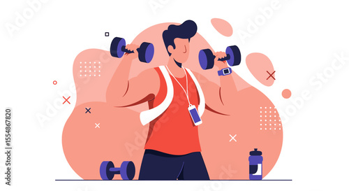 Fit man lifting dumbbells in a modern gym, representing fitness, health, and active lifestyle with flat design elements.
