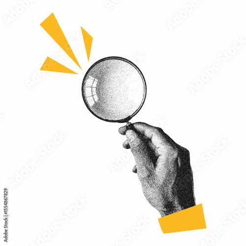 halftoon collage hand holding magnifying glass with illustration .