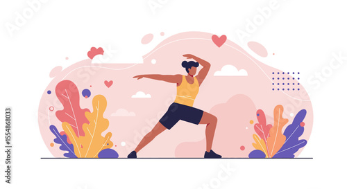 Flat design illustration of a person practicing yoga on a landing page with abstract shapes and plants, promoting wellness and marketing.