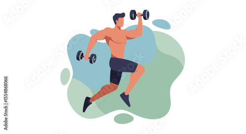 A strong, muscular man is actively lifting dumbbells in a dynamic pose, depicted with a modern flat design illustration style against an abstract background.