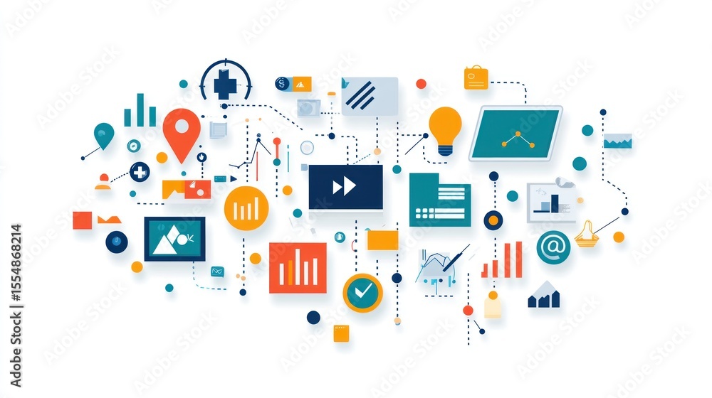 Abstract graphic design with interconnected colorful icons, representing various business processes and data visualizations Abstract graphic design with interconnected colorful icons, representing various business processes and data visualizations