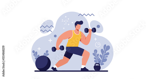 Man exercising with dumbbells in a modern flat design style, perfect for fitness marketing and web presentation.