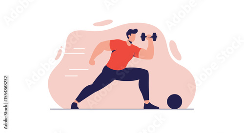 A fit man in flat design illustration style performs a lunge with a dumbbell, suitable for fitness marketing and web design projects.