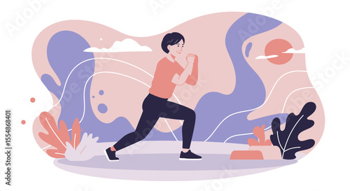 A woman performs a lunge exercise in a modern flat design illustration, set against an abstract background with organic shapes, perfect for digital health campaigns.