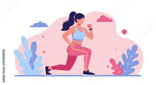 An energetic woman is depicted exercising in a flat design illustration, performing a lunge with a fitness tracker, suitable for marketing and web design projects.
