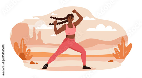 Fit Black woman with braided hair exercising outdoors in a desert landscape, promoting healthy lifestyle and fitness.