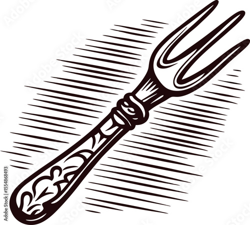 Hand drawn vintage fork with ornate handle sketch retro engraved illustration of kitchen utensil on white background