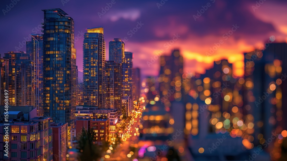 Obraz premium City Skyline at Twilight: High-rise buildings stand tall as the sun sets, illuminating the vibrant cityscape with a warm, inviting glow that paints the sky with beautiful hues. 