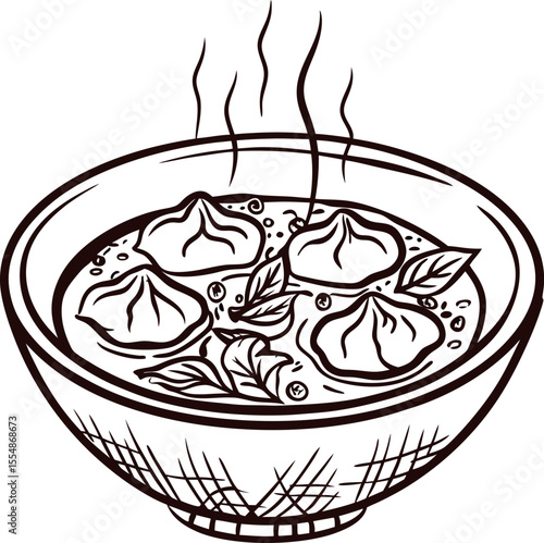Steaming bowl of dumpling soup with aromatic herbs in hand drawn vintage engraved illustration