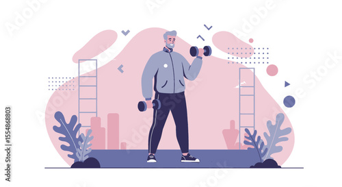 An elderly man with gray hair is exercising with dumbbells in a modern flat design illustration suitable for a landing page or marketing banner, showcasing healthy lifestyle.