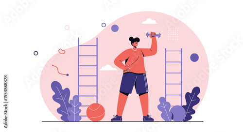 A determined person lifts a dumbbell in a vibrant flat design illustration, symbolizing personal growth, fitness goals, and overcoming challenges within a supportive environment.