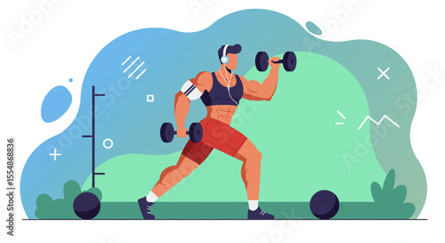 Fitness illustration of a muscular woman doing lunges with dumbbells, ideal for fitness websites, workout apps, and gym marketing materials, featuring a flat design style and vibrant color palette.