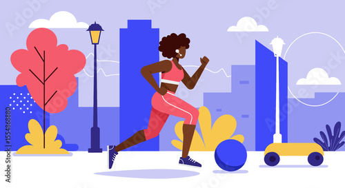 A vibrant flat illustration showcases a Black woman jogging confidently in a city park, promoting health and fitness for a modern landing page or marketing banner.