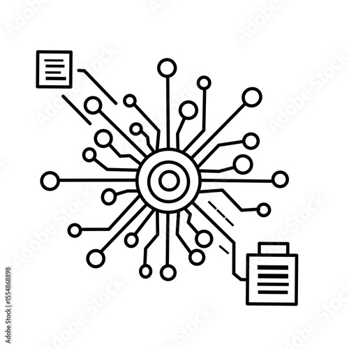 Line icon showing central microchip connected to cloud, database, and mobile devices. Represents cloud computing, data sharing, IoT, and digital network infrastructure.