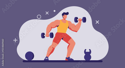 A muscular man lifts dumbbells, demonstrating strength training and fitness in a modern flat design illustration, perfect for web or app content.